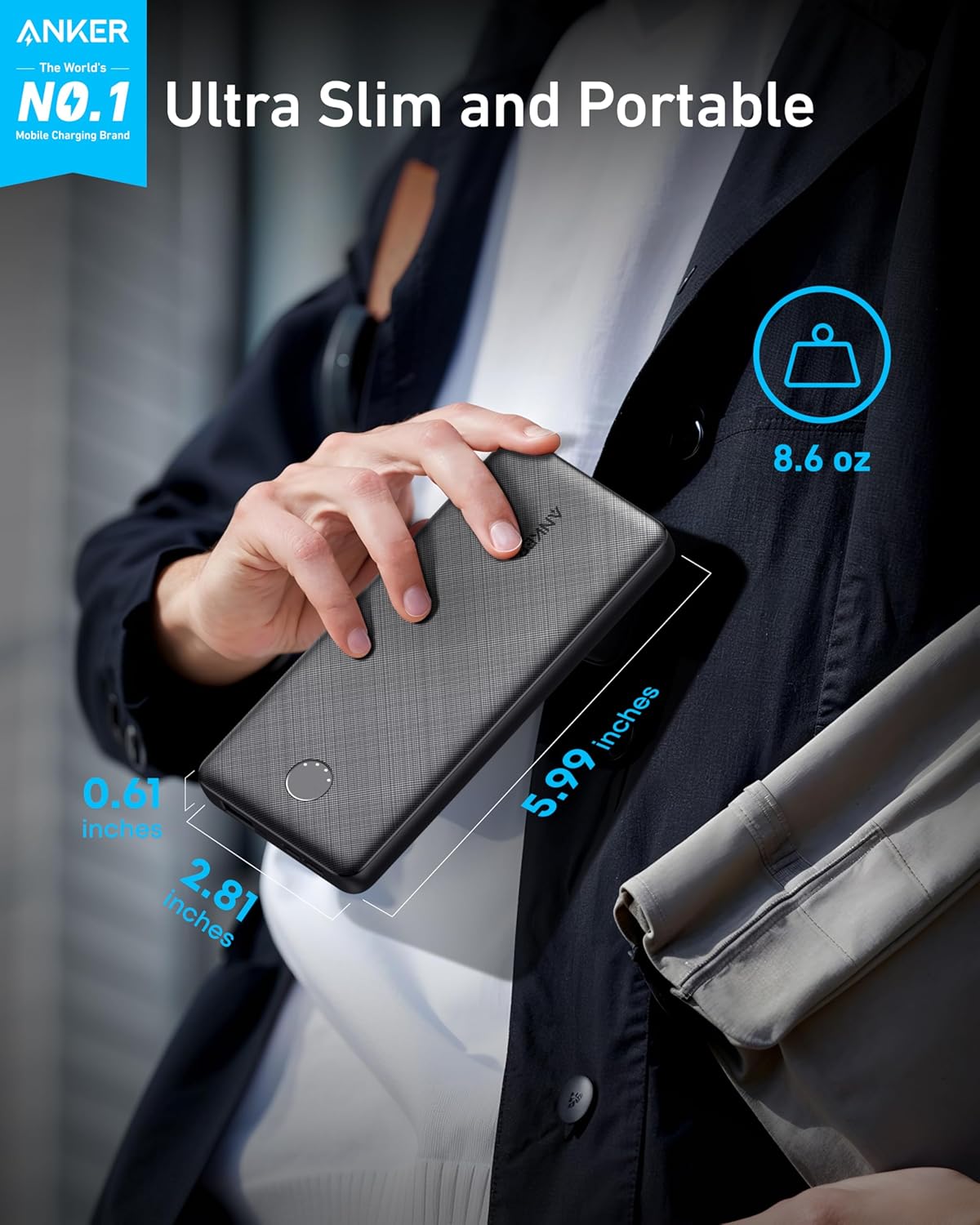 Anker Power Bank, 10,000mAh Portable Charger, PowerIQ USB-C Battery Pack