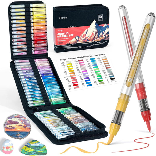 JusArt 48 Colors Acrylic Paint Markers Brush Tip, Automatic Ink Control
