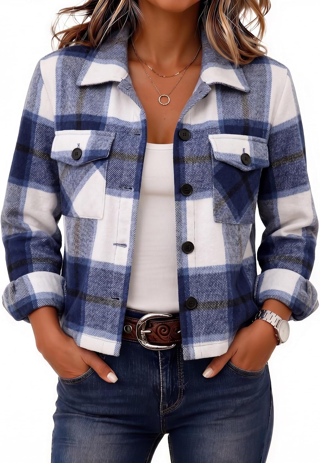 Zeagoo Flannels for Women Cropped Shacket Jacket Fashion Plaid Fall Coat