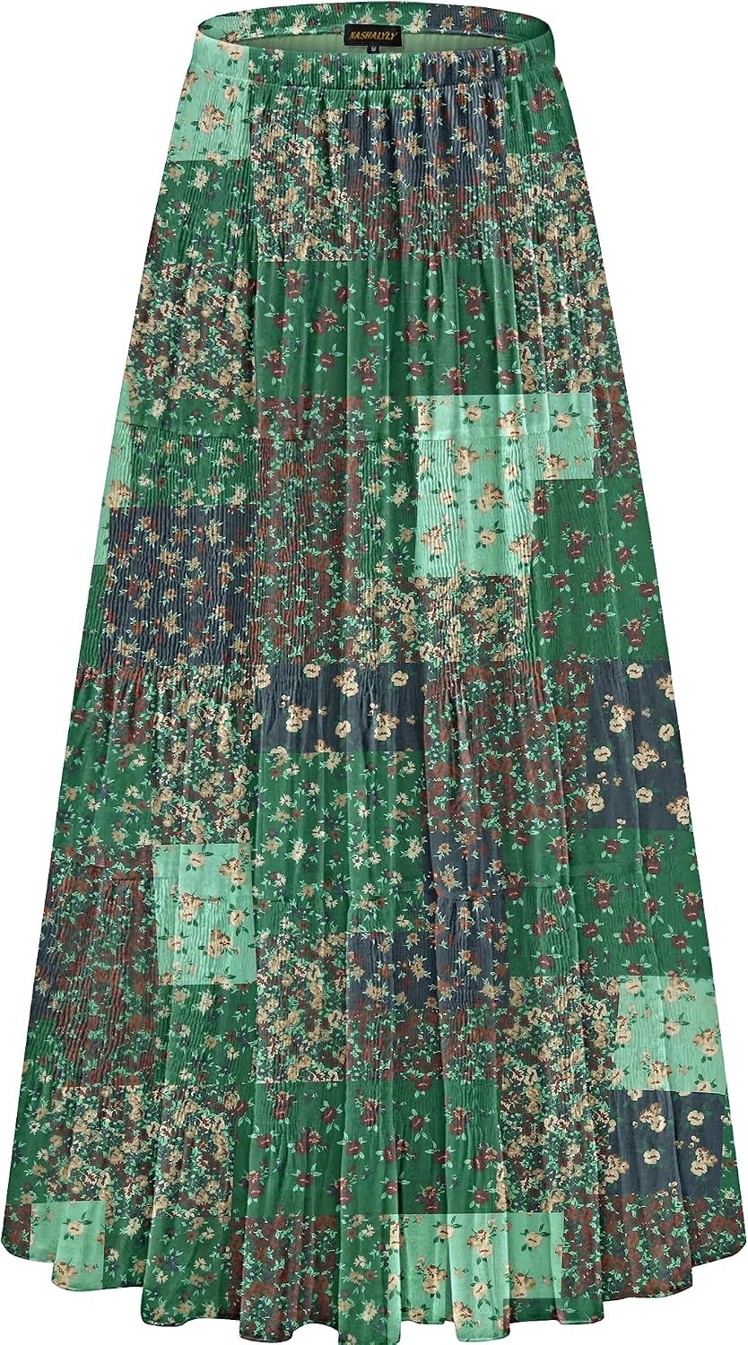 NASHALYLY Women's Chiffon Elastic High Waist Pleated A-Line Maxi Skirts