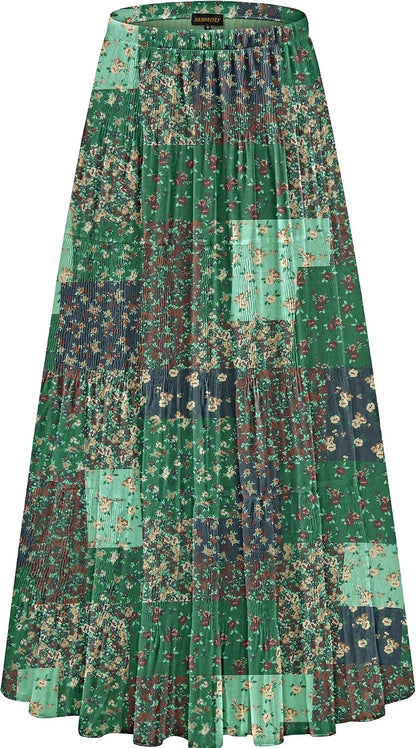 NASHALYLY Women's Chiffon Elastic High Waist Pleated A-Line Maxi Skirts