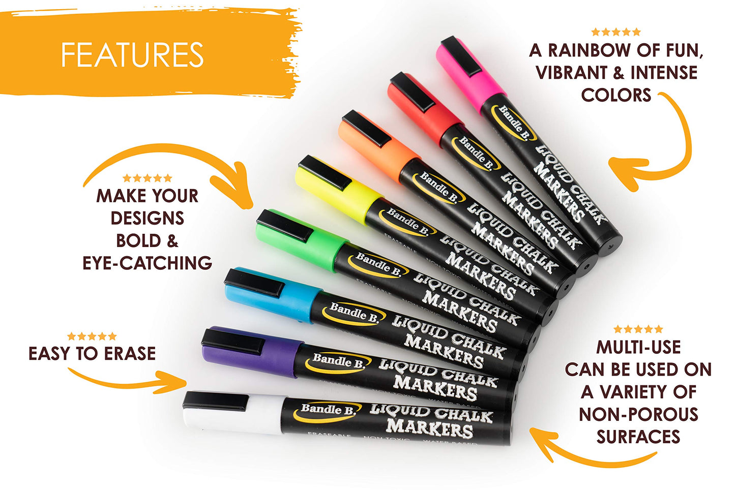 Bandle B. Chalk Markers - 8 Vibrant, Erasable, Non-Toxic, Water-Based, Reversible Tips. For Glass or Chalkboard Markers for Businesses, Restaurants, Liquid Drawing Chalk (Vibrant 6mm)