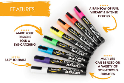 Bandle B. Chalk Markers - 8 Vibrant, Erasable, Non-Toxic, Water-Based, Reversible Tips. For Glass or Chalkboard Markers for Businesses, Restaurants, Liquid Drawing Chalk (Vibrant 6mm)