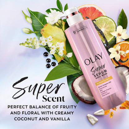 Olay Super Serum Body Wash for Extra Dry Skin, 24hr Long Lasting Rich Hydration, 5+ Ingredient Complex for Bright, Even, Firm, & Luminous Skin, with Collagen Peptide, Vitamin C & Shea Butter, 20 fl oz