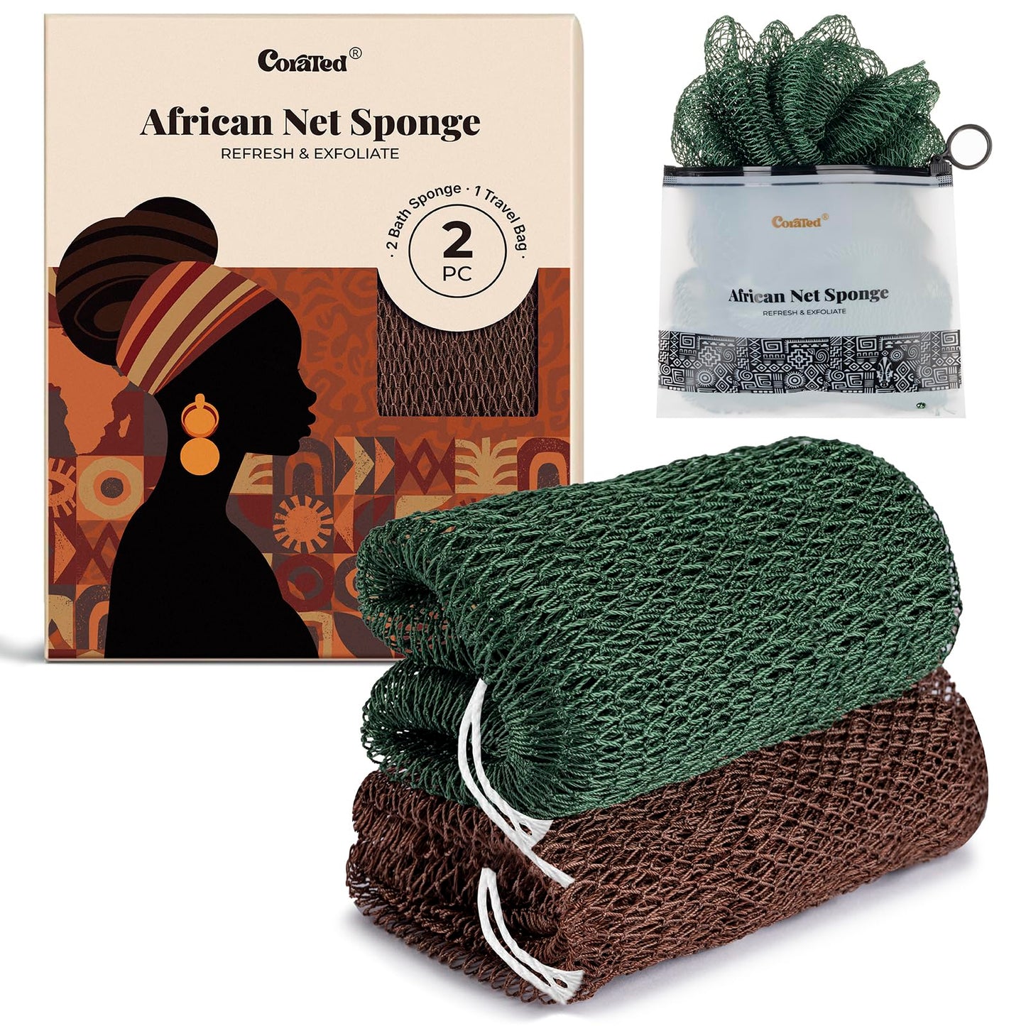 CORATED African Net Sponge with Knots Authentic, Shower Loofah Bath Sponge