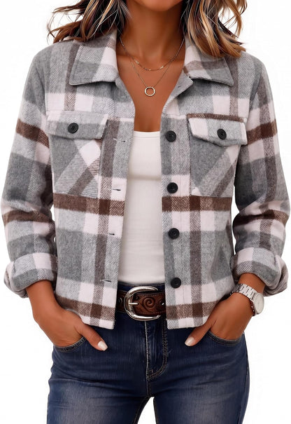 Zeagoo Flannels for Women Cropped Shacket Jacket Fashion Plaid Fall Coat