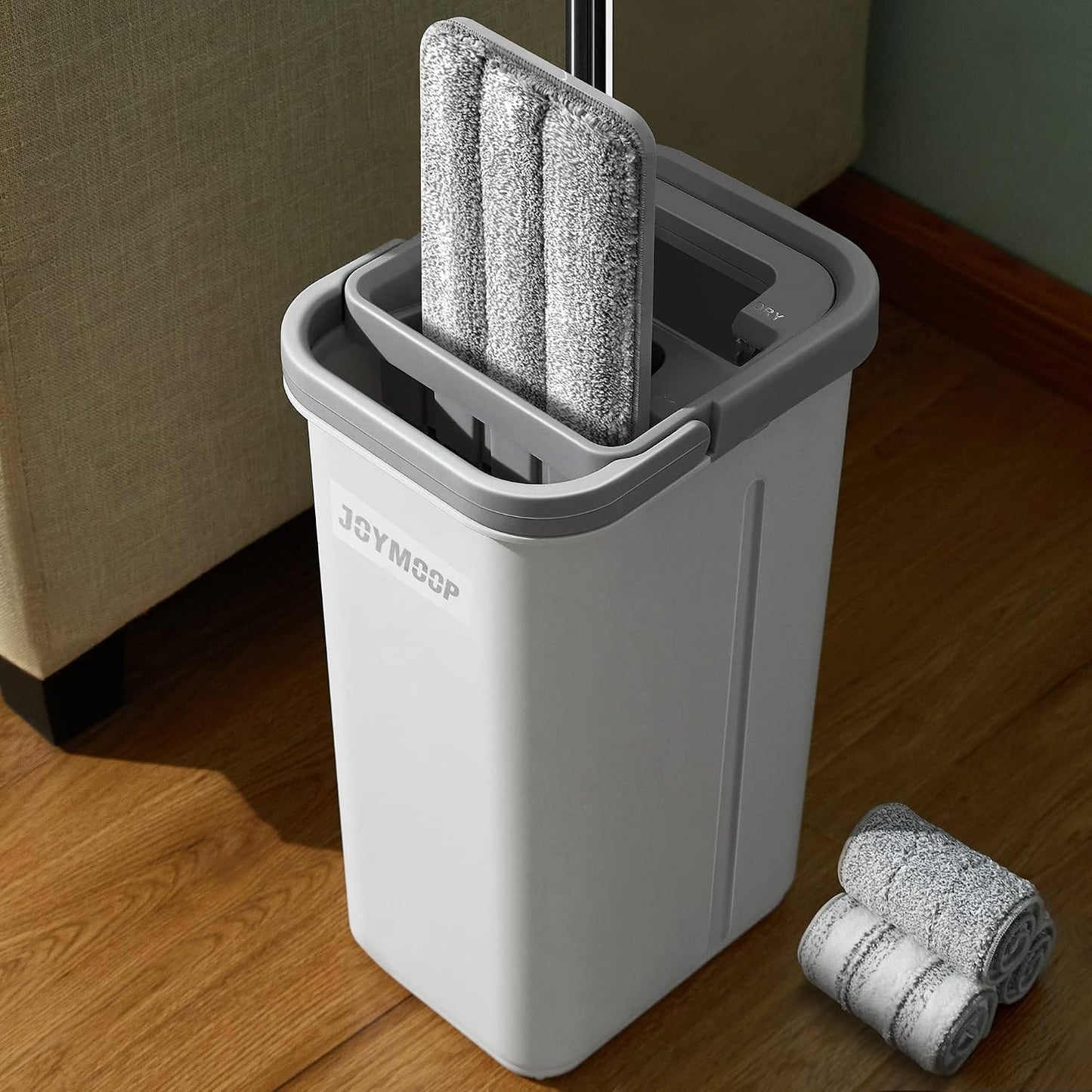 JOYMOOP Wall Mop and Bucket Set, Hands-Free Flat Floor Mop with 3 Washable Microfiber Pads, Wet and Dry Use, Ideal for Home and Commercial Floor Cleaning