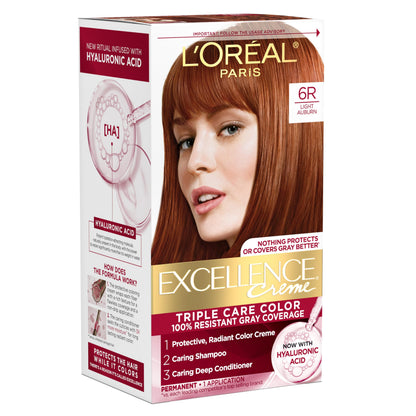 L'Oreal Paris Excellence Crème Permanent Hair Dye, Triple Care Hair Color with Hyaluronic Acid for 100% Gray Coverage, 4 Dark Brown, 1 Kit (Packaging May Vary)