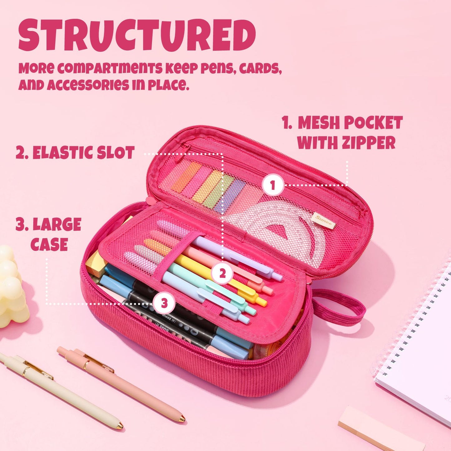 SUNEE Cute Pencil Case, Soft Corduroy Large Capacity Pencil Pouch, Aesthetic Zipper Pencil Bag, Big Storage Pen Organizer for Stationery, Pencil Box Back to School Supplies for Teen Girls Boys, Beige
