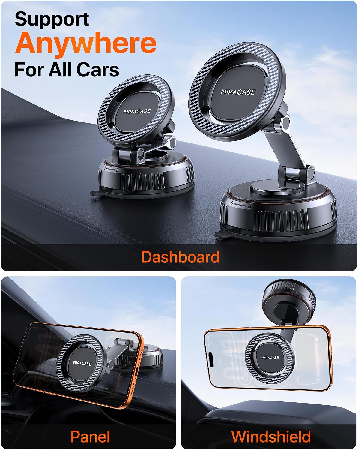 Miracase for MagSafe Car Mount[3800gf Strong Magnet & 90+LBS Suction Base]Magnetic Phone Holders for Your Car, 360° Adjustable Dashboard &Windshield Mount with Adhesive Suction Cup for All Smartphones