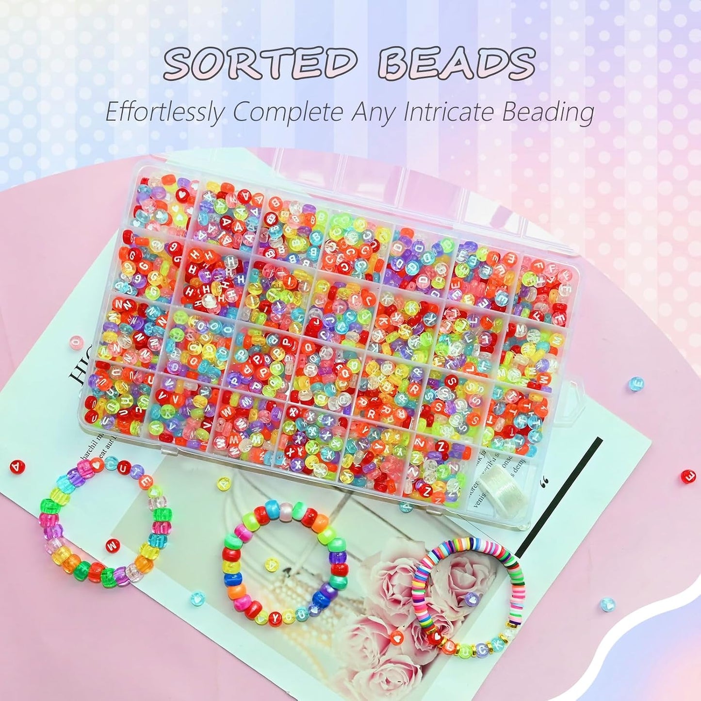 Looconi 810pcs Gold Letter Beads Square 6x6mm White Cube Acrylic Alphabet A-Z with Heart Pattern and Crystal Line for Jewelry Making