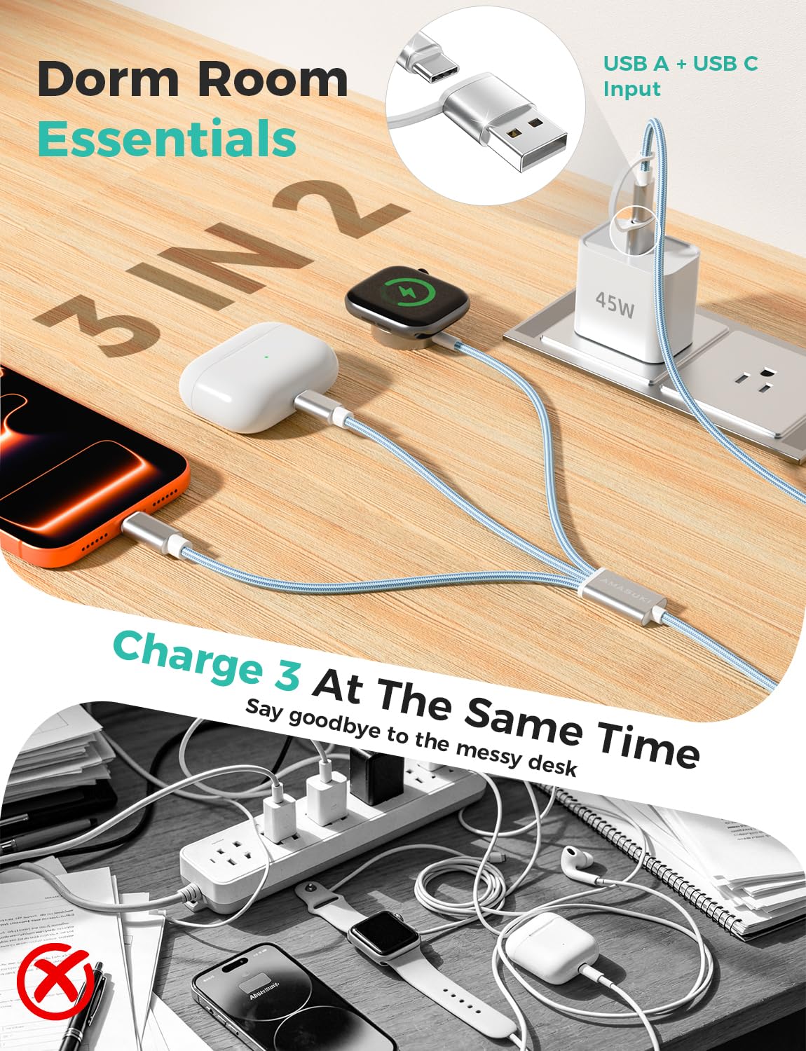 2026 Travel Essentials for Apple Watch Charger,Cruise Vacation Camping Essentials,iPhone Charger,Multi Charging Cable,3 in 2 Charging Docks for iWatch Series 11-2/Ultra,iPhone 17-12,Car