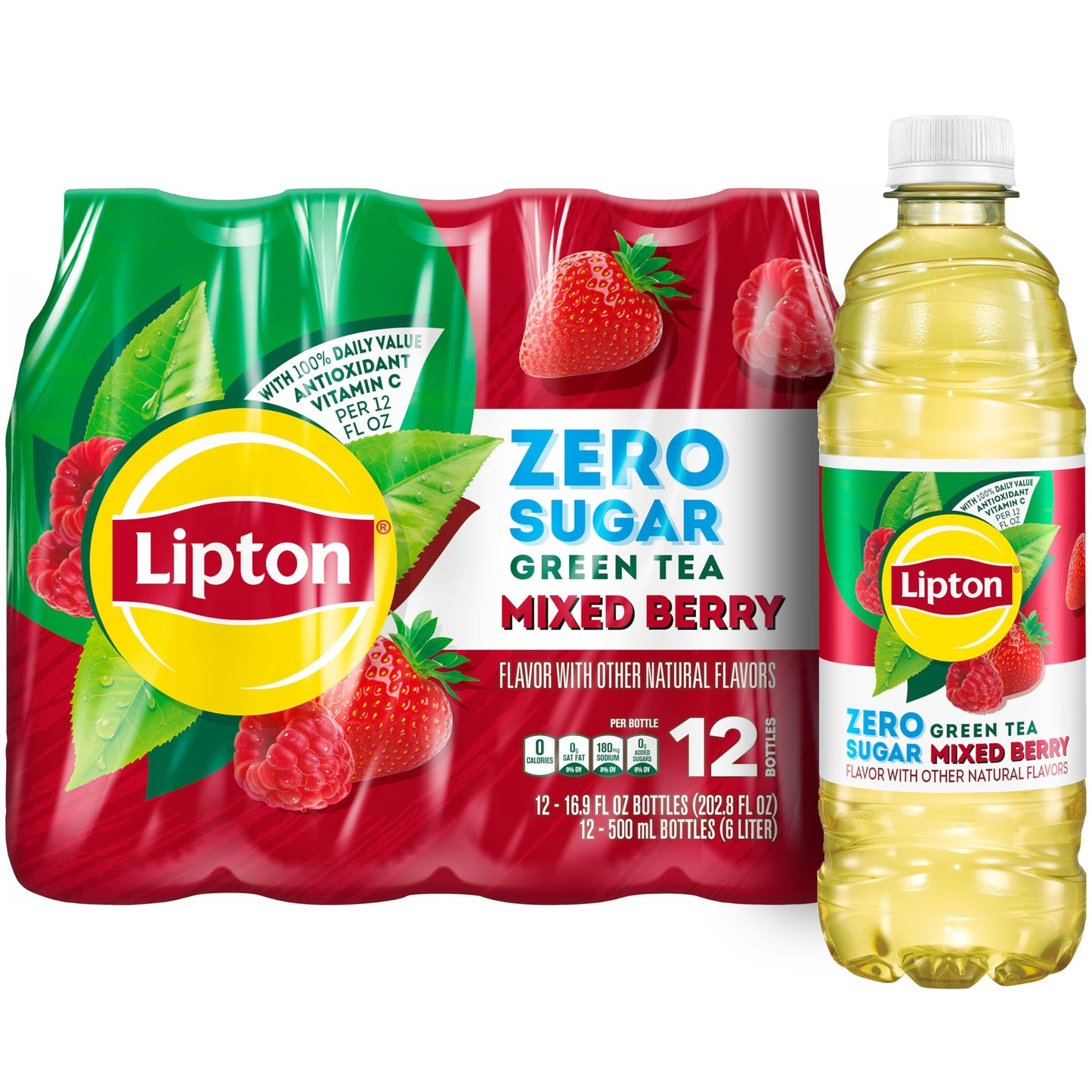 Lipton Zero Sugar Iced Tea, Green Tea Citrus, 16.9 fl oz Bottles, (12 Pack), 100% DV Vitamin C