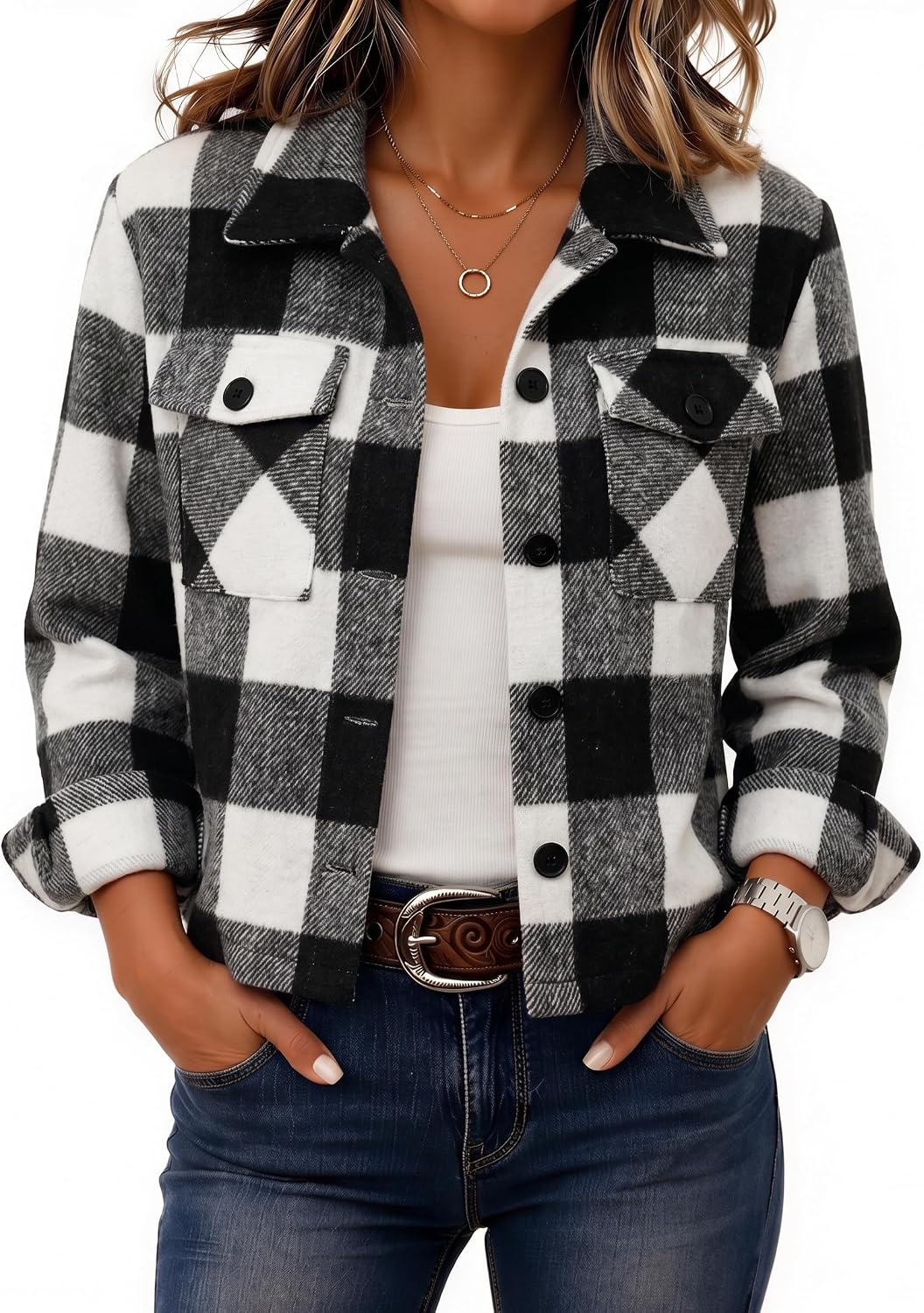 Zeagoo Flannels for Women Cropped Shacket Jacket Fashion Plaid Fall Coat