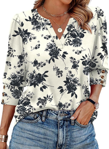 WIHOLL 3/4 Length Sleeve Womens Tops with Button Cuffs Dressy Casual V Neck Summer Outfits Early Fall Fashion Spring Clothes