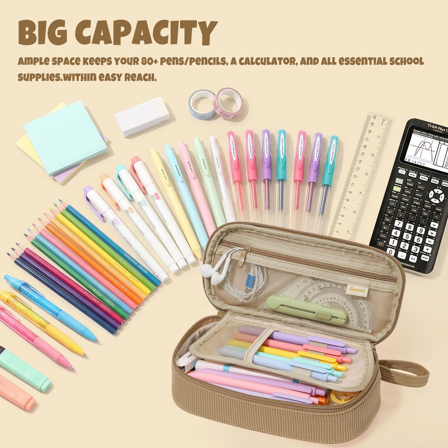 SUNEE Cute Pencil Case, Soft Corduroy Large Capacity Pencil Pouch, Aesthetic Zipper Pencil Bag, Big Storage Pen Organizer for Stationery, Pencil Box Back to School Supplies for Teen Girls Boys, Beige