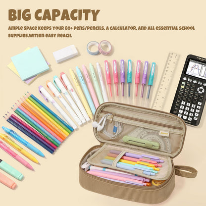 SUNEE Cute Pencil Case, Soft Corduroy Large Capacity Pencil Pouch, Aesthetic Zipper Pencil Bag, Big Storage Pen Organizer for Stationery, Pencil Box Back to School Supplies for Teen Girls Boys, Beige