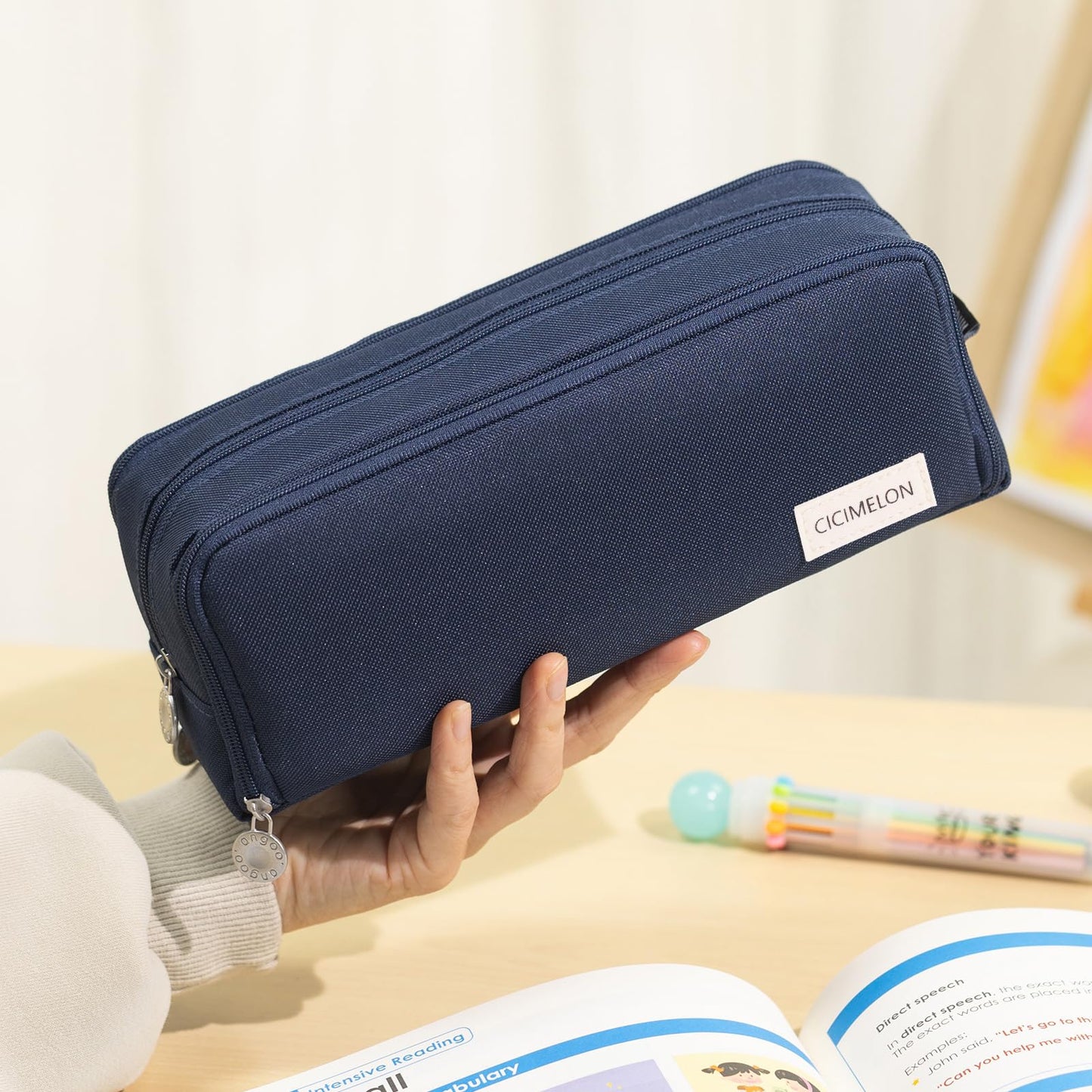 CICIMELON Large Capacity Pencil Case 3 Compartment Pouch Pen Bag for School Teen Girl Boy Men Women (Pink)