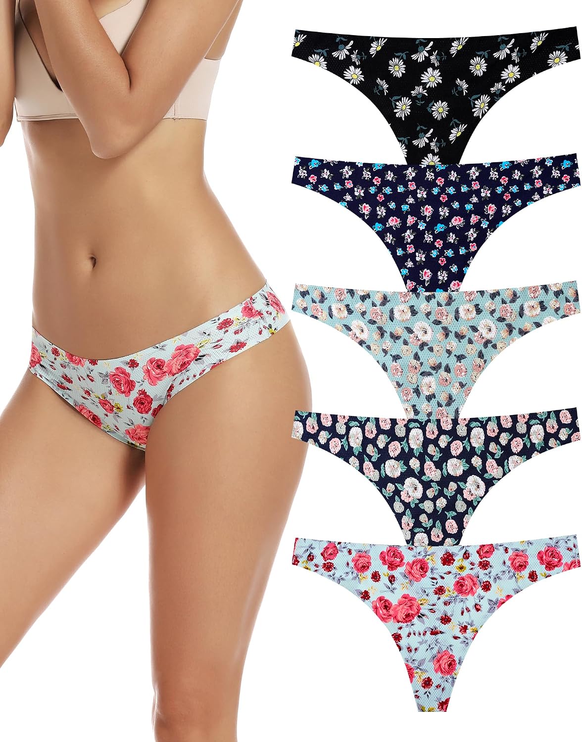 voenxe Seamless Women Underwear Thongs,No Show Ladies Workout Thong,5 Pack