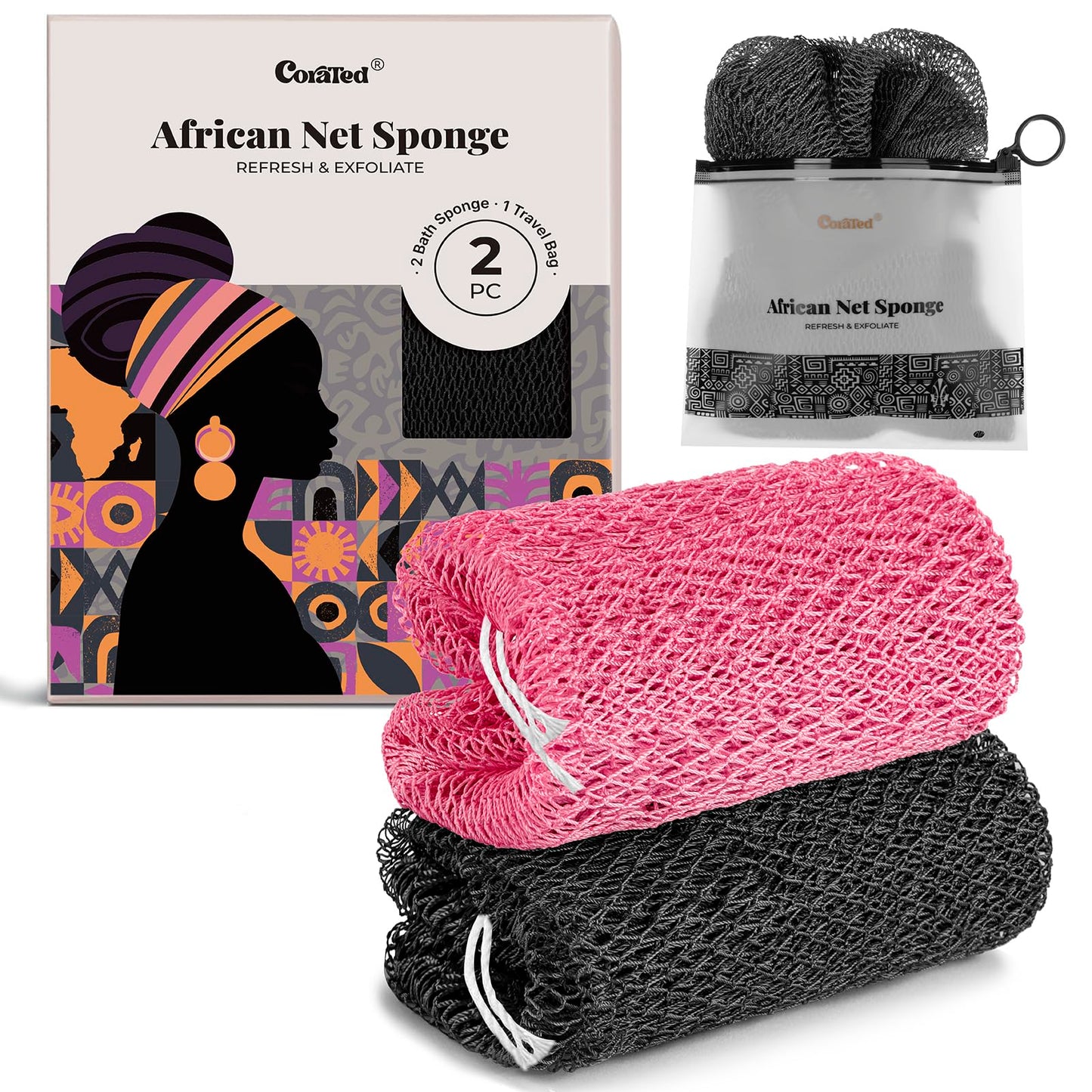 CORATED African Net Sponge with Knots Authentic, Shower Loofah Bath Sponge