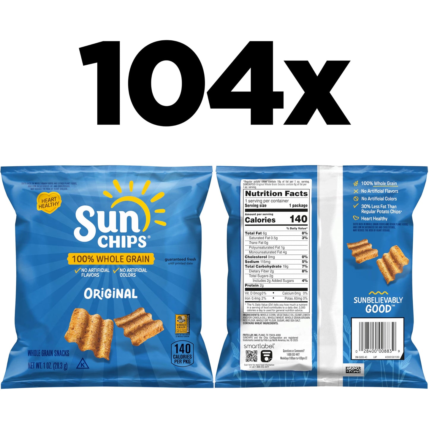 SunChips 100% Whole Grain Chips, Variety Pack, 1 oz Bags, Pack of 40, No Artificial Flavors, Colors