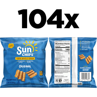 SunChips 100% Whole Grain Chips, Variety Pack, 1 oz Bags, Pack of 40, No Artificial Flavors, Colors