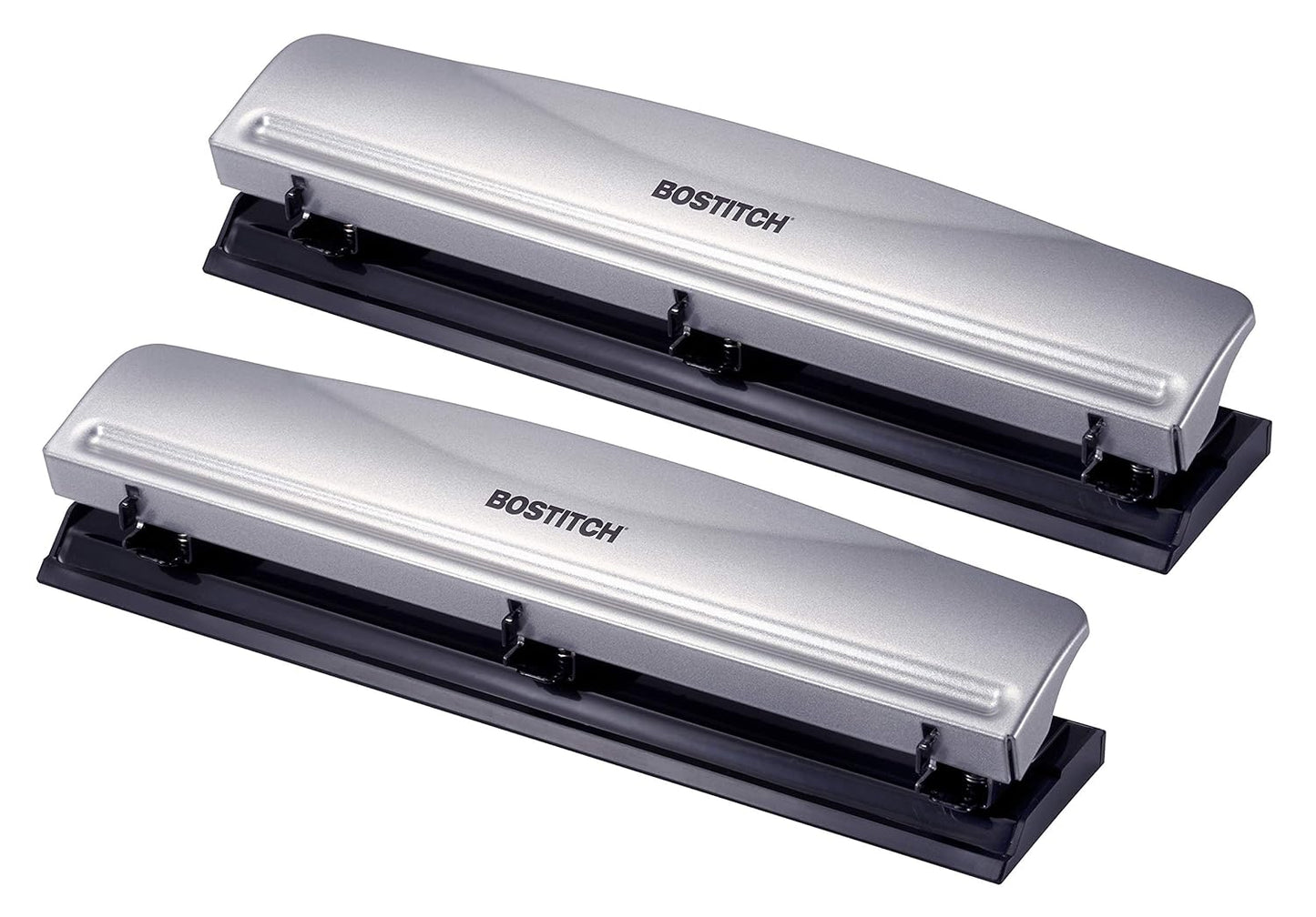 Bostitch Office Premium 3 Hole Punch, 12 Sheet Capacity, Metal, Rubber Base, Easy-Clean Tray, Silver
