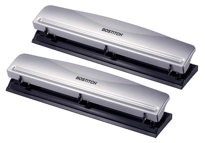 Bostitch Office Premium 3 Hole Punch, 12 Sheet Capacity, Metal, Rubber Base, Easy-Clean Tray, Silver