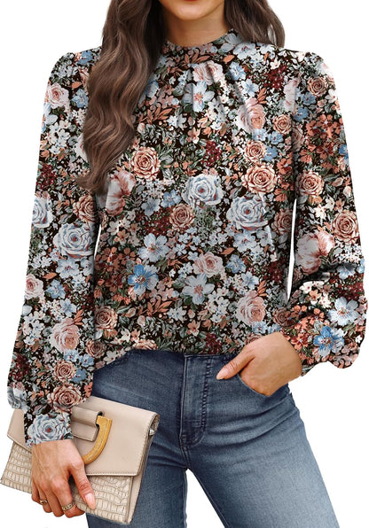 WIHOLL Long Sleeve Shirts for Women Mock Neck Tops Pleated Front Blouses Dressy Casual Spring Fall Clothes 2026 Fashion