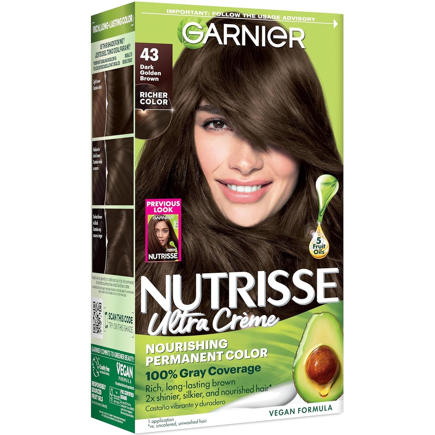 Garnier Nutrisse Ultra Crème Hair Color, Permanent Hair Dye with 100% Gray Coverage, Vegan & Cruelty-Free, 33 Darkest Golden Brown (Caramel Fudge), 1 Count