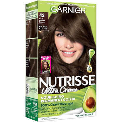 Garnier Nutrisse Ultra Crème Hair Color, Permanent Hair Dye with 100% Gray Coverage, Vegan & Cruelty-Free, 33 Darkest Golden Brown (Caramel Fudge), 1 Count