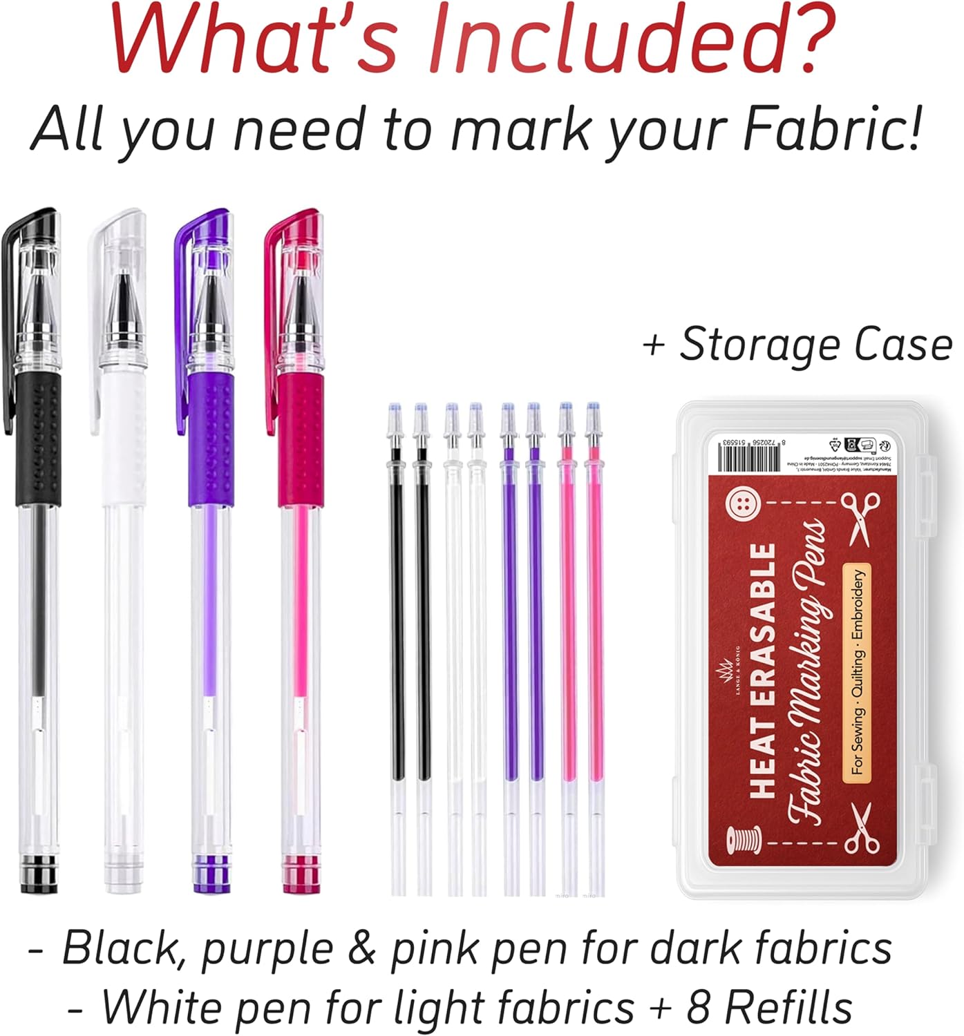 Lange & König 4x Heat Erasable Fabric Marking Pens for Sewing - 4 Pens + 8 Refills - Sewing Supplies Quilting Supplies Table Accessories Embroidery Pen Tailors Chalk Alternative
