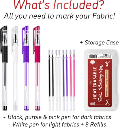 Lange & König 4x Heat Erasable Fabric Marking Pens for Sewing - 4 Pens + 8 Refills - Sewing Supplies Quilting Supplies Table Accessories Embroidery Pen Tailors Chalk Alternative