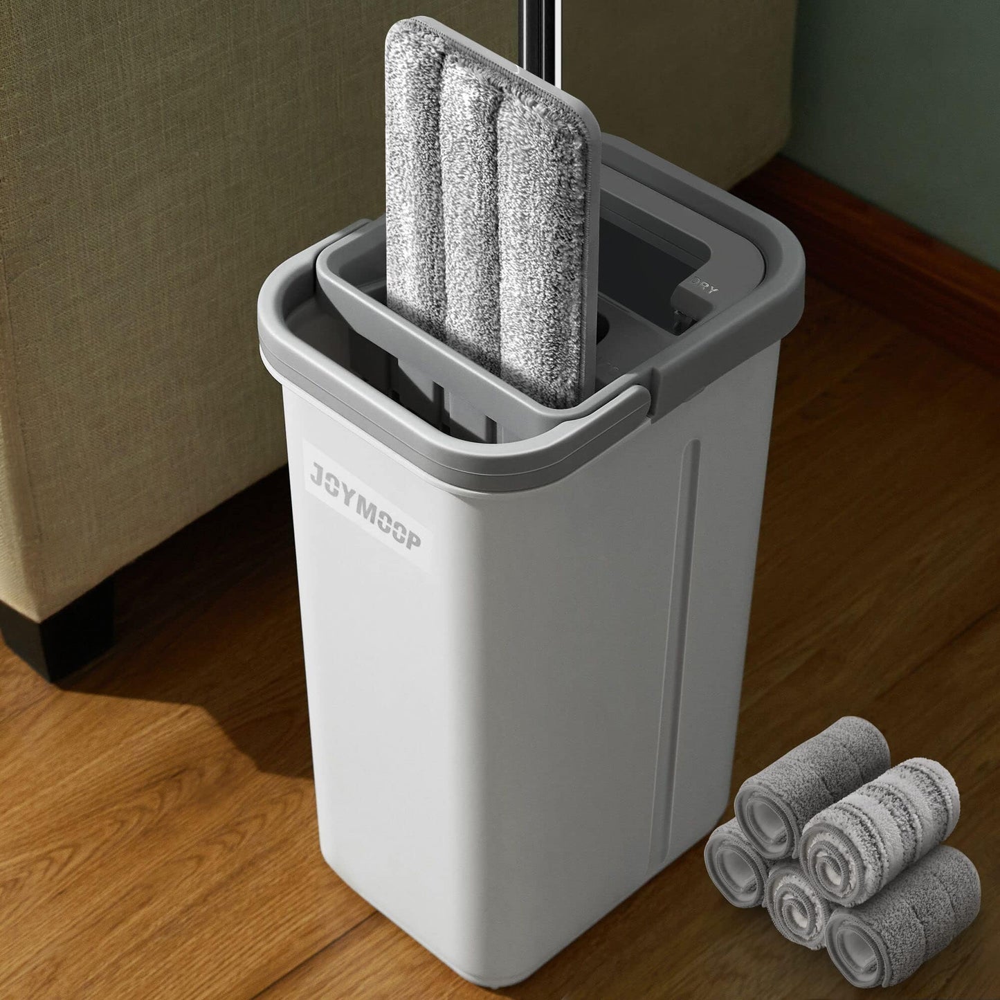 JOYMOOP Wall Mop and Bucket Set, Hands-Free Flat Floor Mop with 3 Washable Microfiber Pads, Wet and Dry Use, Ideal for Home and Commercial Floor Cleaning
