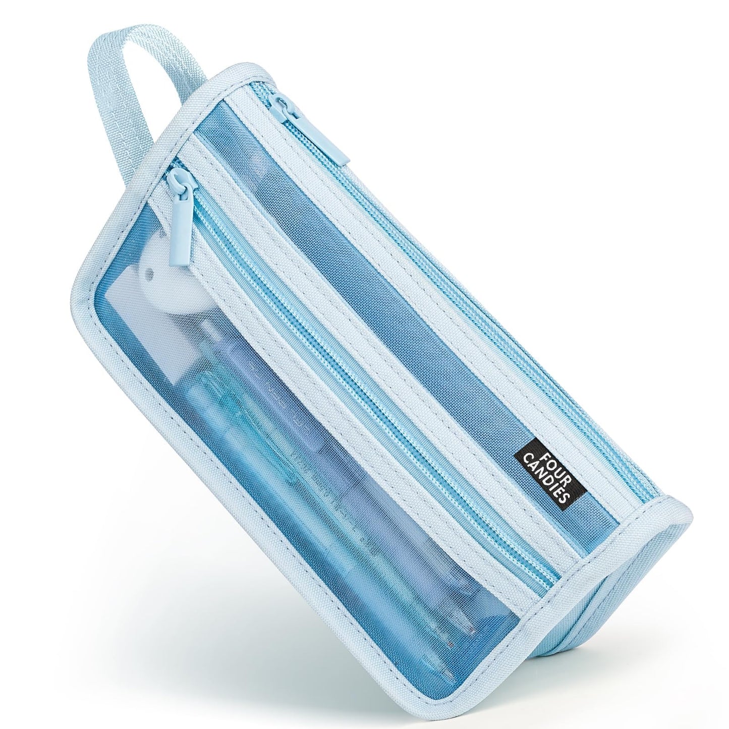 Four Candies Grid Mesh Pencil Case, Clear Double-layer with Handle (Purple)