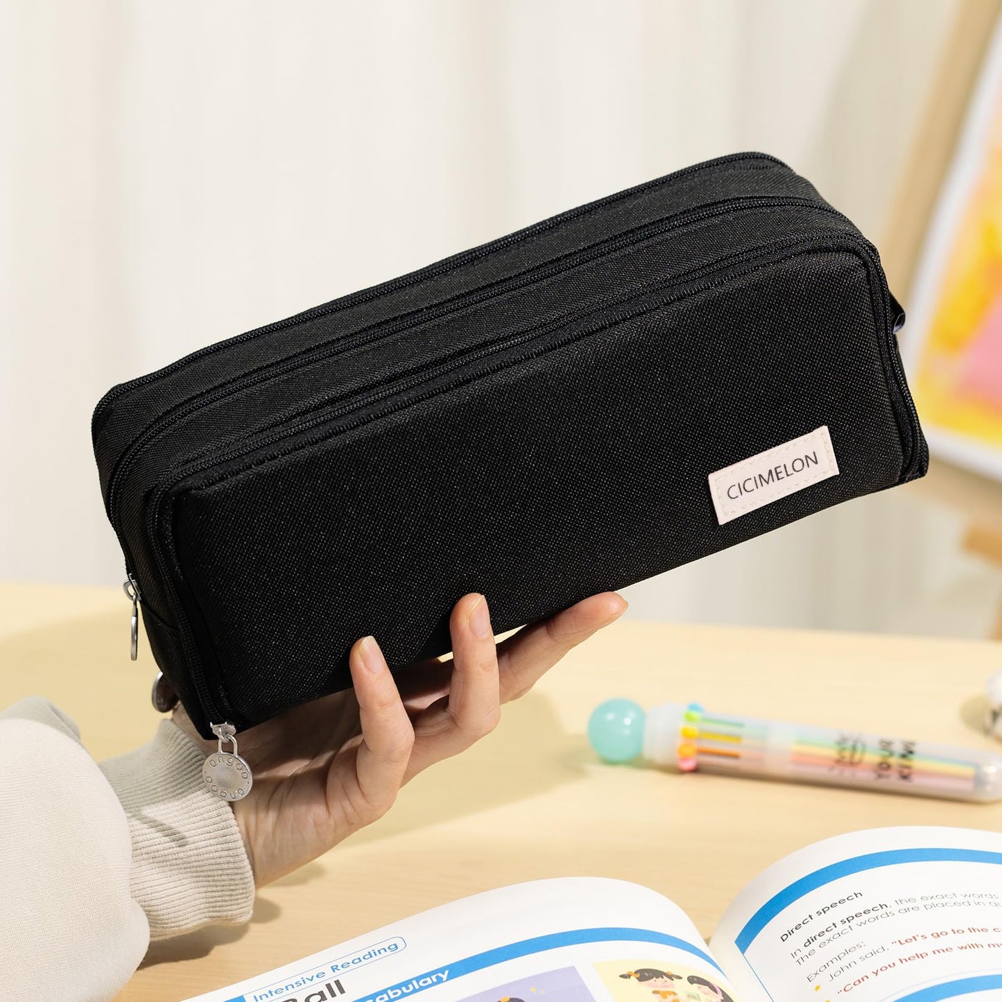 CICIMELON Large Capacity Pencil Case 3 Compartment Pouch Pen Bag for School Teen Girl Boy Men Women (Pink)