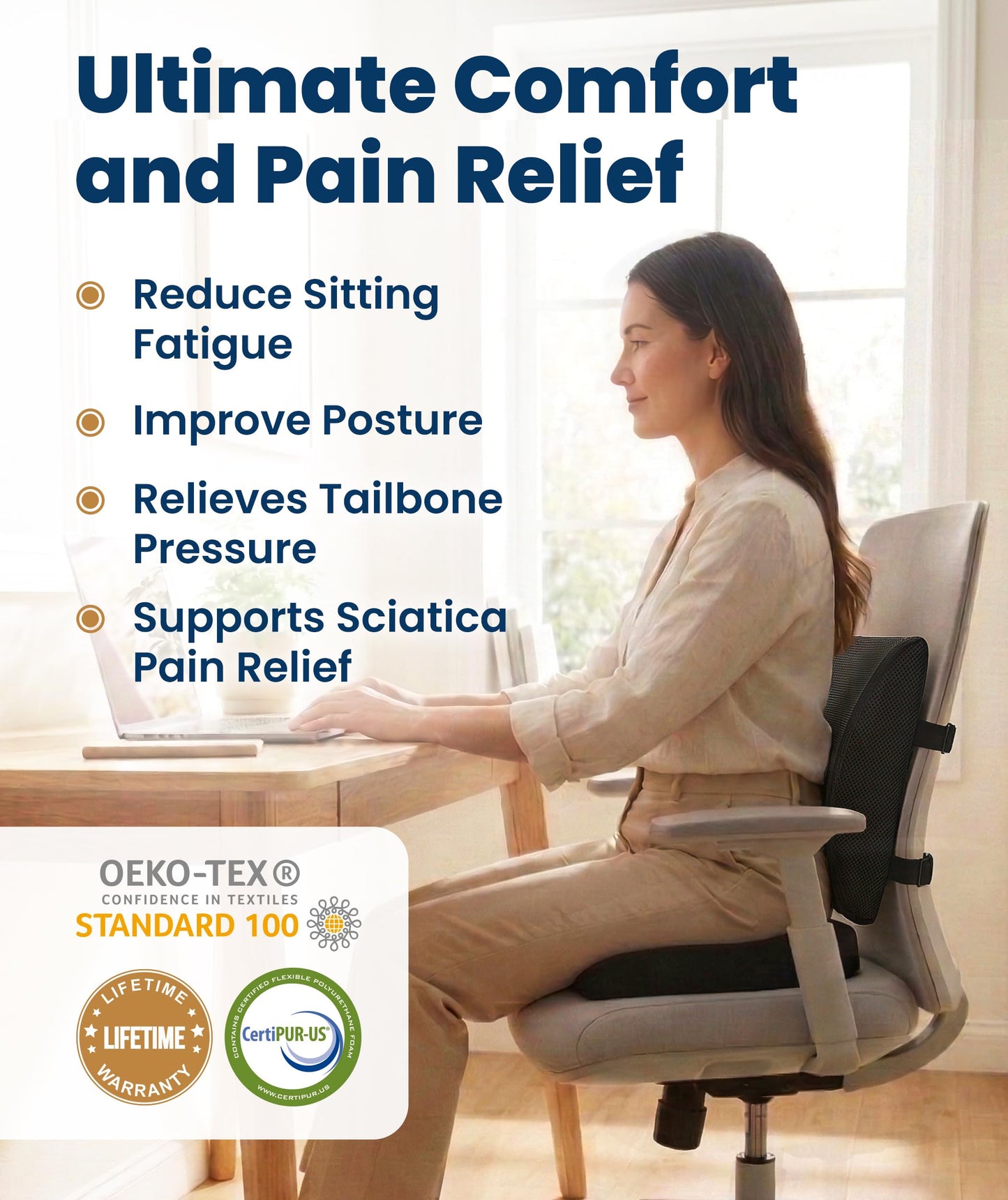 Everlasting Comfort Doctor Recommended Memory Foam Seat Cushion for Office Chairs & Car - Ergonomic Office Desk Accessories - Cushions for Tailbone Pain Relief, Sciatica (Black, Large)