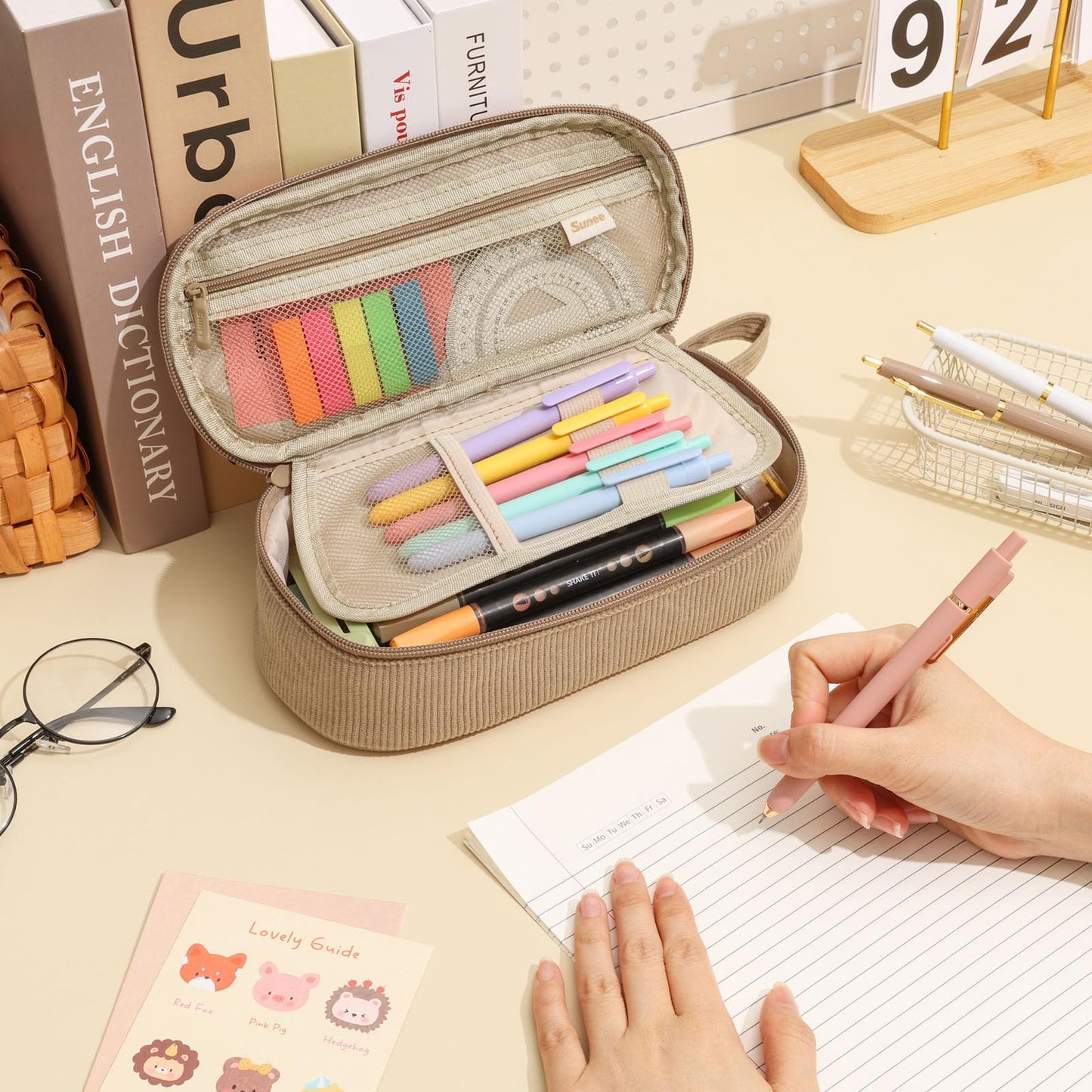 SUNEE Cute Pencil Case, Soft Corduroy Large Capacity Pencil Pouch, Aesthetic Zipper Pencil Bag, Big Storage Pen Organizer for Stationery, Pencil Box Back to School Supplies for Teen Girls Boys, Beige