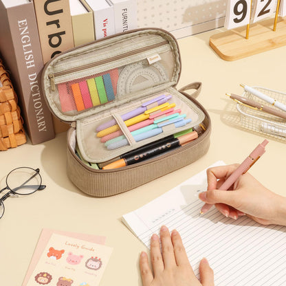 SUNEE Cute Pencil Case, Soft Corduroy Large Capacity Pencil Pouch, Aesthetic Zipper Pencil Bag, Big Storage Pen Organizer for Stationery, Pencil Box Back to School Supplies for Teen Girls Boys, Beige