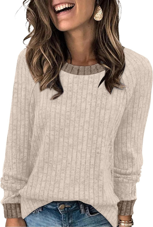 WIHOLL Long Sleeve Shirts for Women Lightweight Sweaters Fall Outfits 2026 Color Block Winter Clothing Dressy Casual Soft
