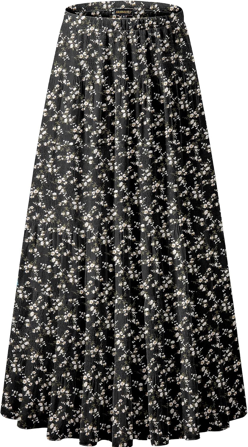 NASHALYLY Women's Chiffon Elastic High Waist Pleated A-Line Maxi Skirts