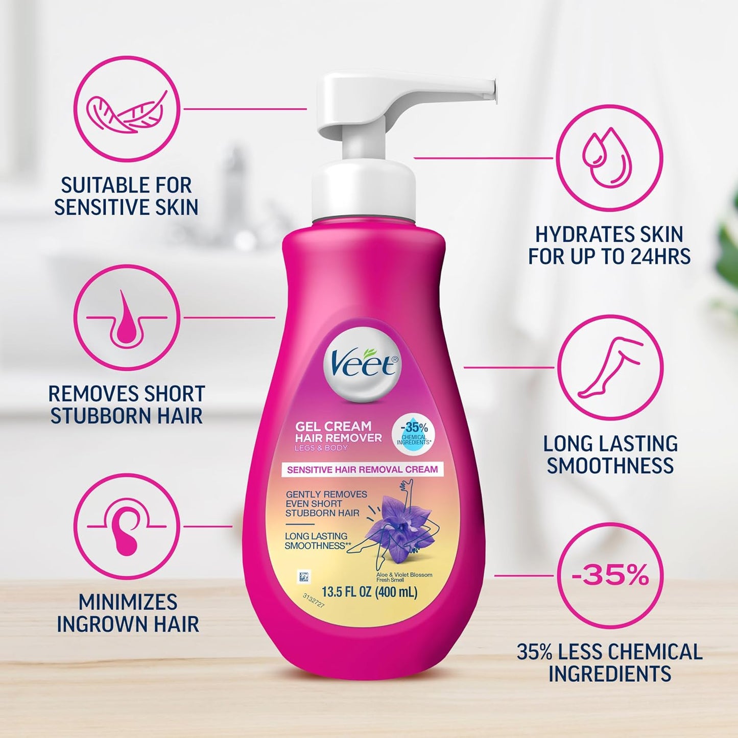 Veet Sensitive Skin Hair Removal Cream For Women, Painless Bikini Hair Removal Gel, Dermatologically Tested Depilatory Cream For Bikini Line, Legs, Arms, Underarms, 13.5 FL OZ Pump Bottle with Tool