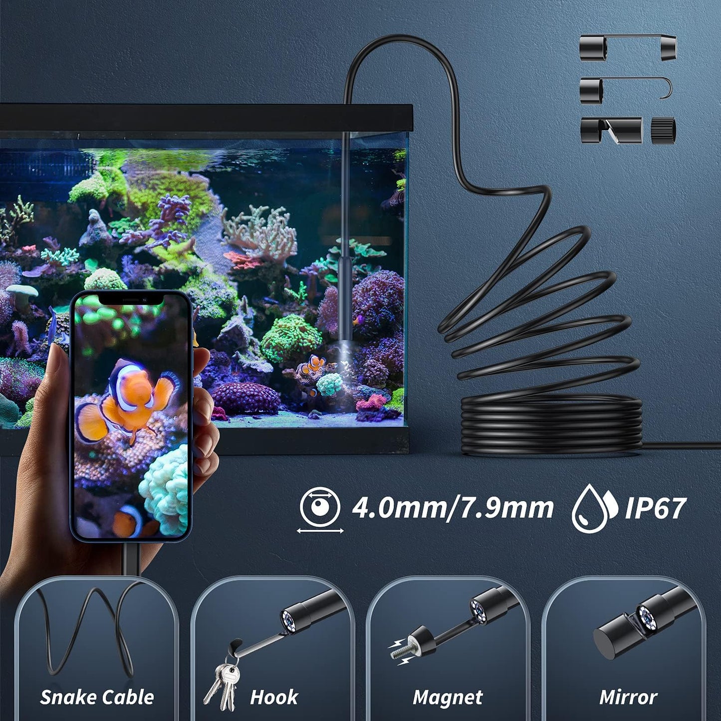 Kinpthy Endoscope Camera with Light,1920P HD Borescope Tools with 8 Adjustable LED Lights, Endoscope with Semi-Rigid Snake Camera, Inspection Borescope for iOS and Android-16.4ft Single Lens
