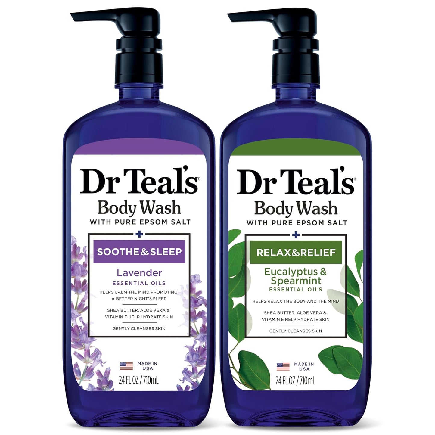 Dr Teal's Body Wash with Pure Epsom Salt, Relax & Relief with Eucalyptus & Spearmint, 24 fl oz (Pack of 2)