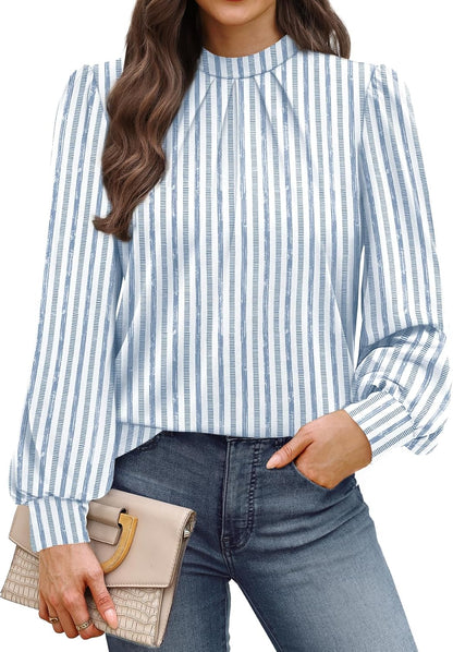 WIHOLL Long Sleeve Shirts for Women Mock Neck Tops Pleated Front Blouses Dressy Casual Spring Fall Clothes 2026 Fashion