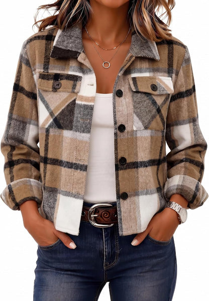 Zeagoo Flannels for Women Cropped Shacket Jacket Fashion Plaid Fall Coat