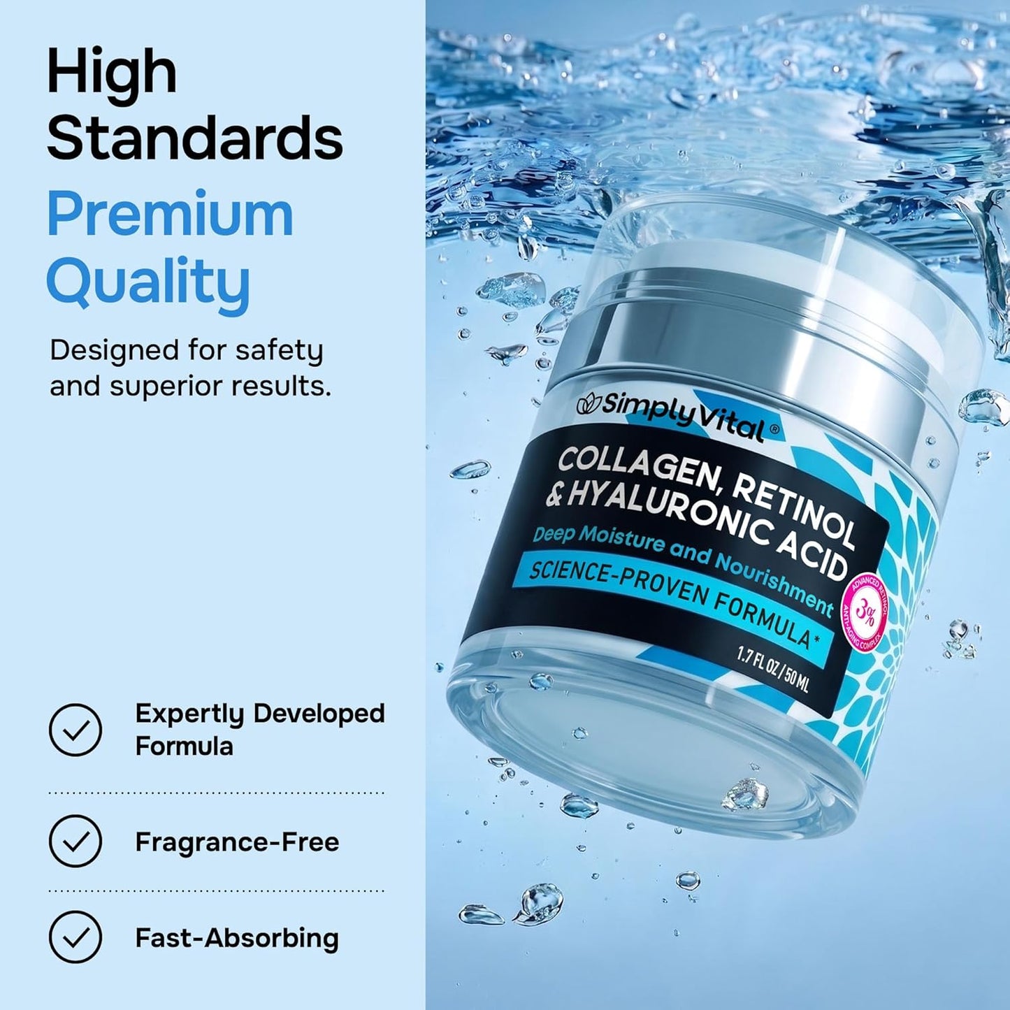 SimplyVital Face Moisturizer Retinol Collagen Hyaluronic Acid Cream 3.4 oz