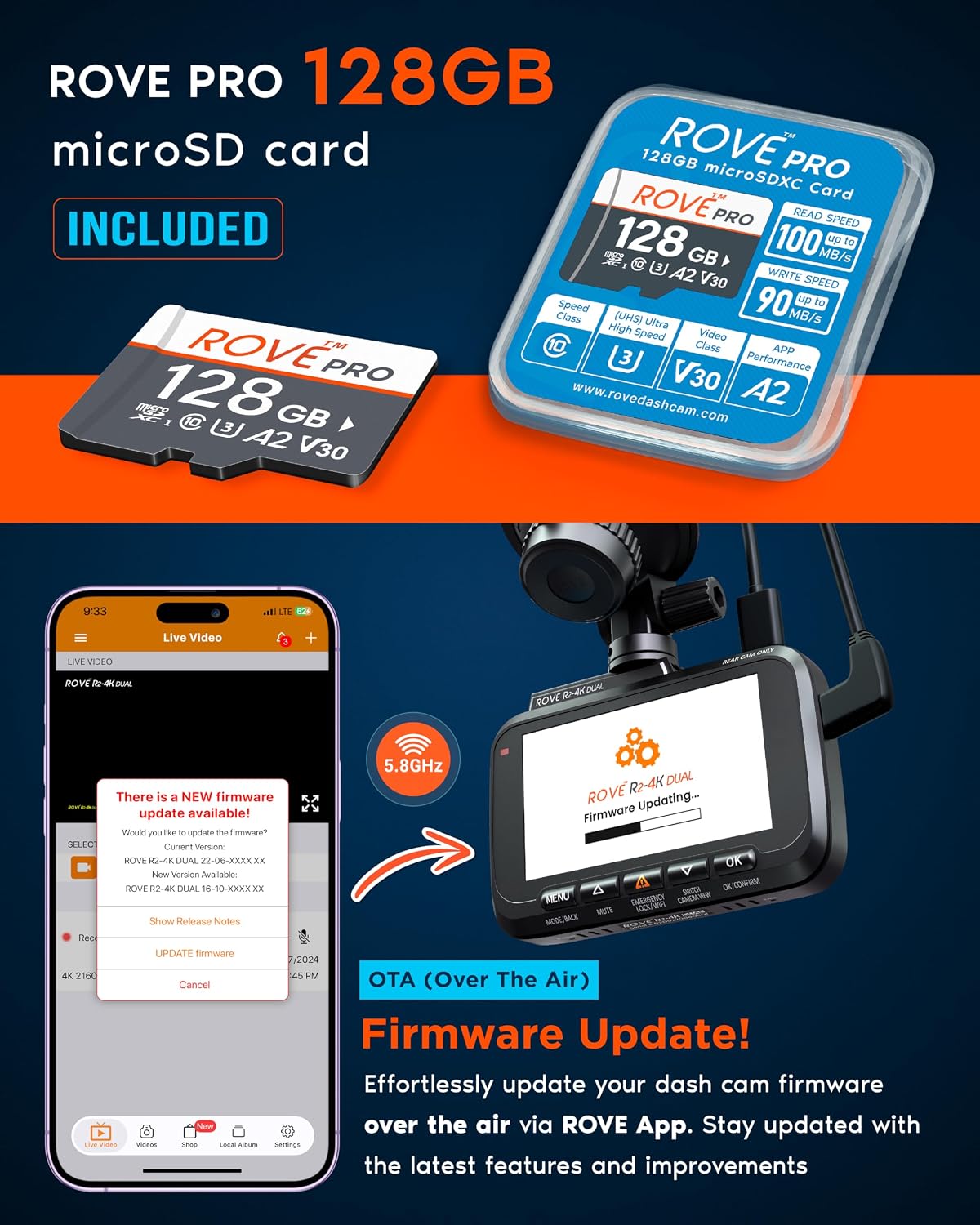 ROVE R2-4K Dual Dash Cam Front and Rear, STARVIS 2 Sensor, Free 128GB Card