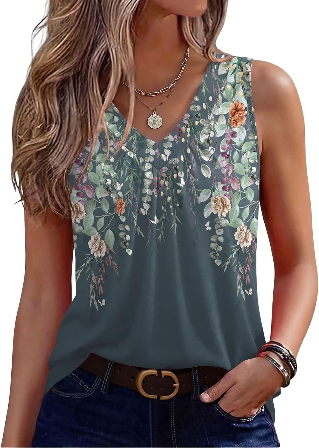 Zeagoo Womens Tank Tops Summer Sleeveless Tops V Neck Pleated Shirts