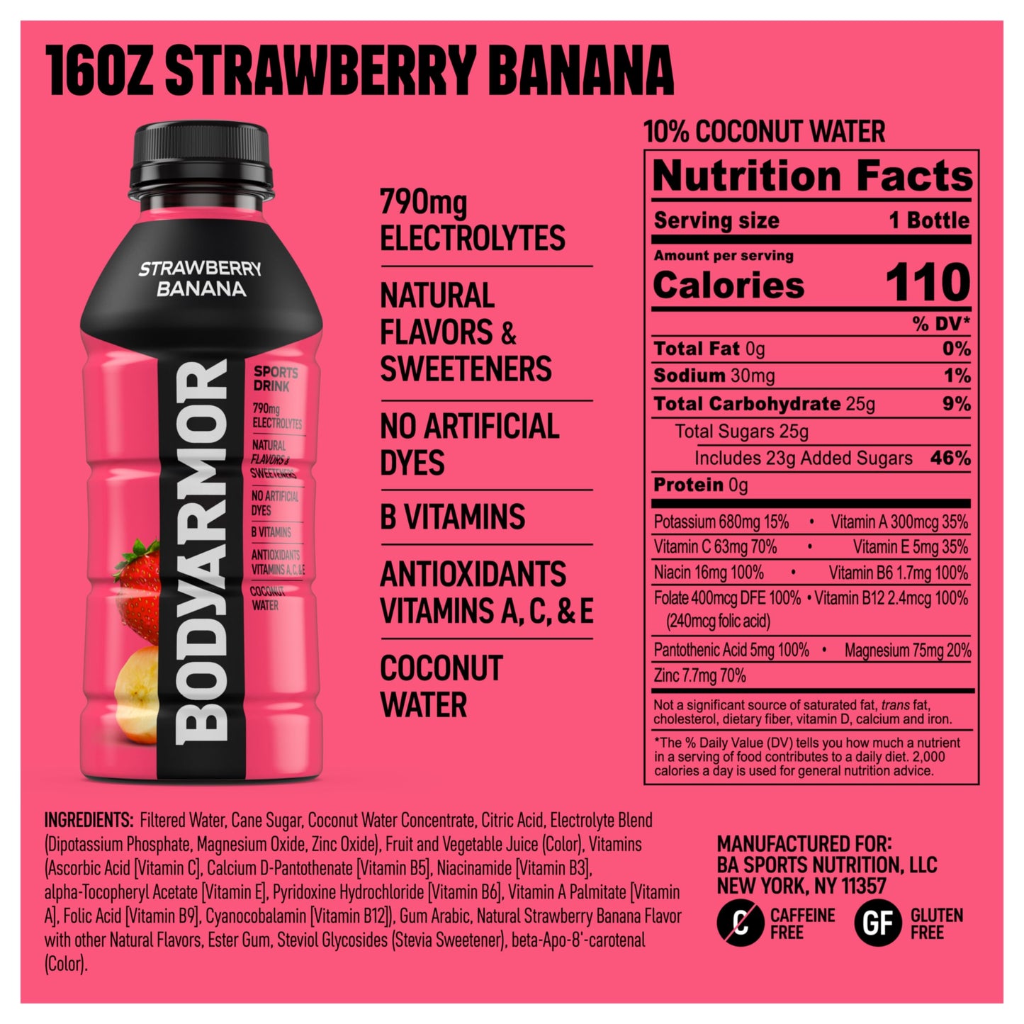 BODYARMOR Sports Drink, Strawberry Banana, Electrolyte Drink Hydration, 12 Fl Oz Bottles (8 Pack), Flavored Coconut Water with B Vitamins & Antioxidants